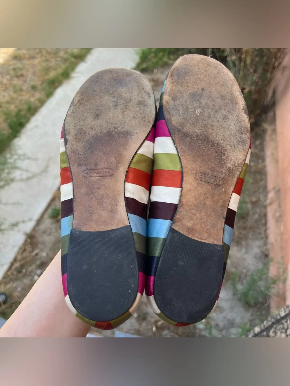 Vintage Y2K Coach Legacy Striped Satin Ballet Flats with a Small Bow Detail.